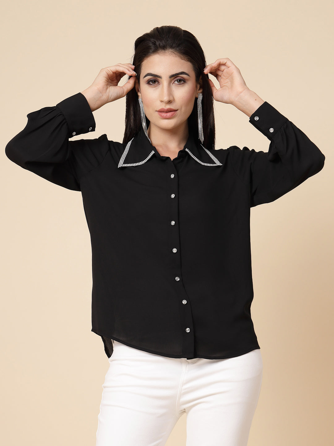 Gipsy Women Black Solid Georgette Bishop Full Sleeve Collared Resin stone Detailing Neck Shirt