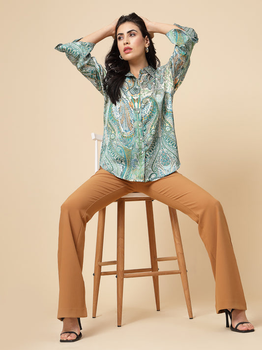 Gipsy Women Green Printed Satin Frill Full Sleeve Collared Neck Shirt