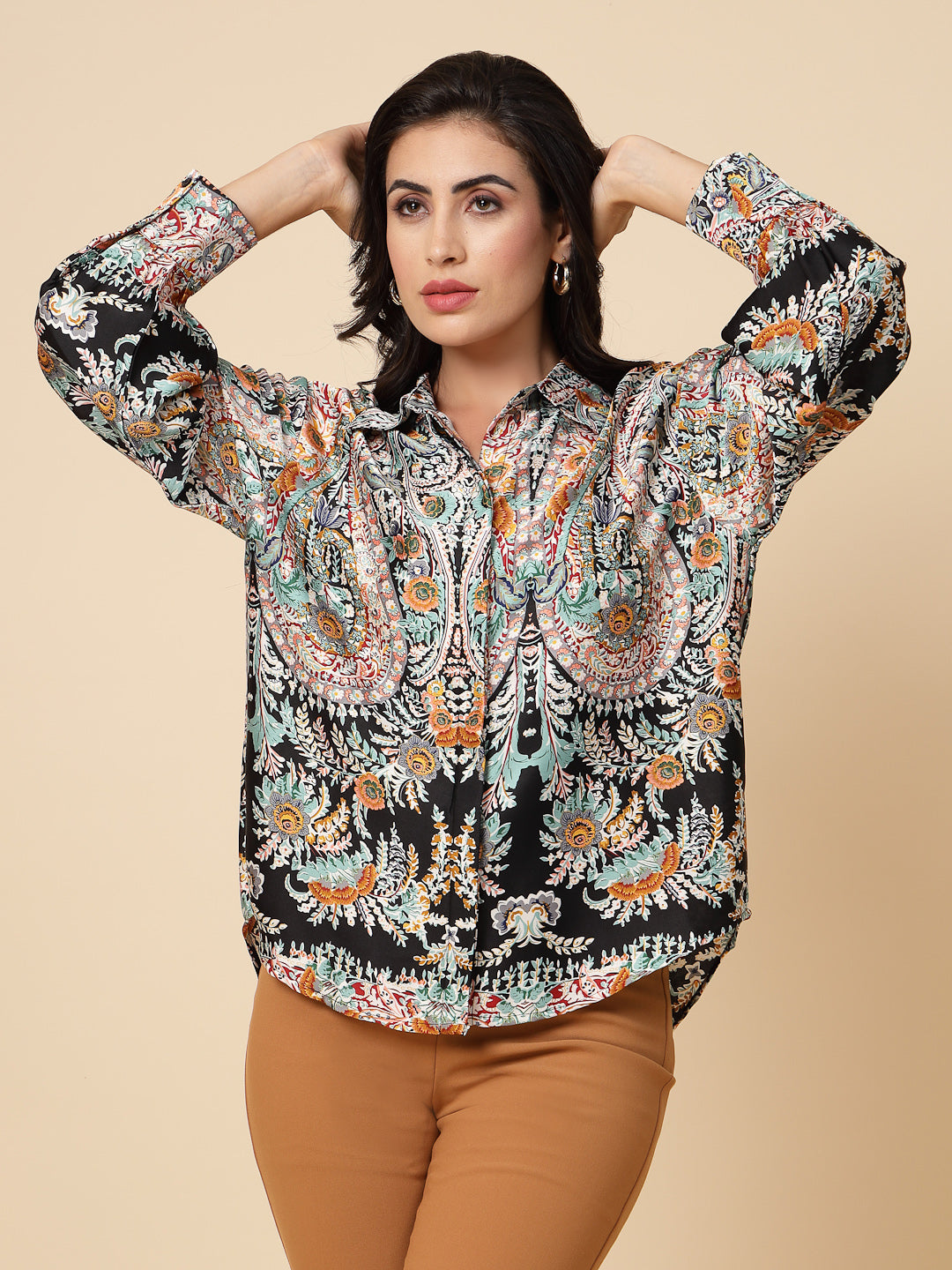Gipsy Women Black Printed Satin Bishop Full Sleeve Collared Neck Shirt