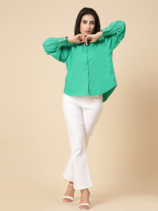 Gipsy Women Green Solid Cotton Bishop Full Sleeve Collared Neck Shirt