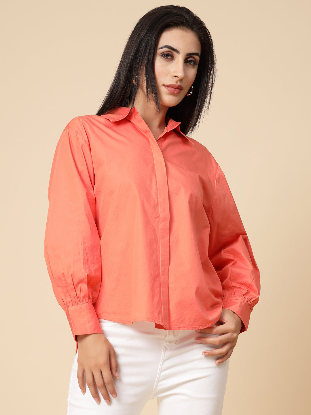 Gipsy Women Orange Solid Cotton Bishop Full Sleeve Collared Neck Shirt