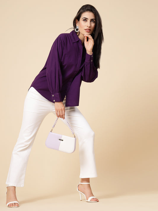 Gipsy Women Purple Solid Cotton Bishop Full Sleeve Collared Neck Shirt