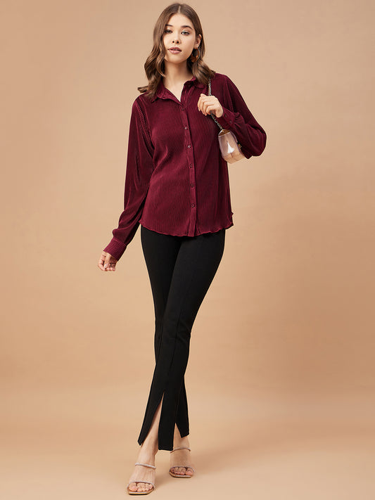 Gipsy Women Burgandy Solid Satin Bishop Sleeve Collar Neck Shirt