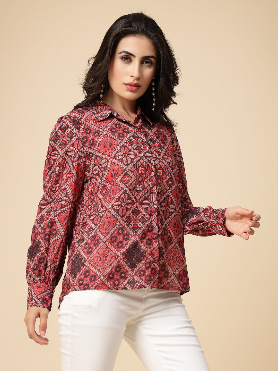 Gipsy Women Orange Beige Combo Printed Georgette Bishop Full Sleeve Collared Neck Shirt