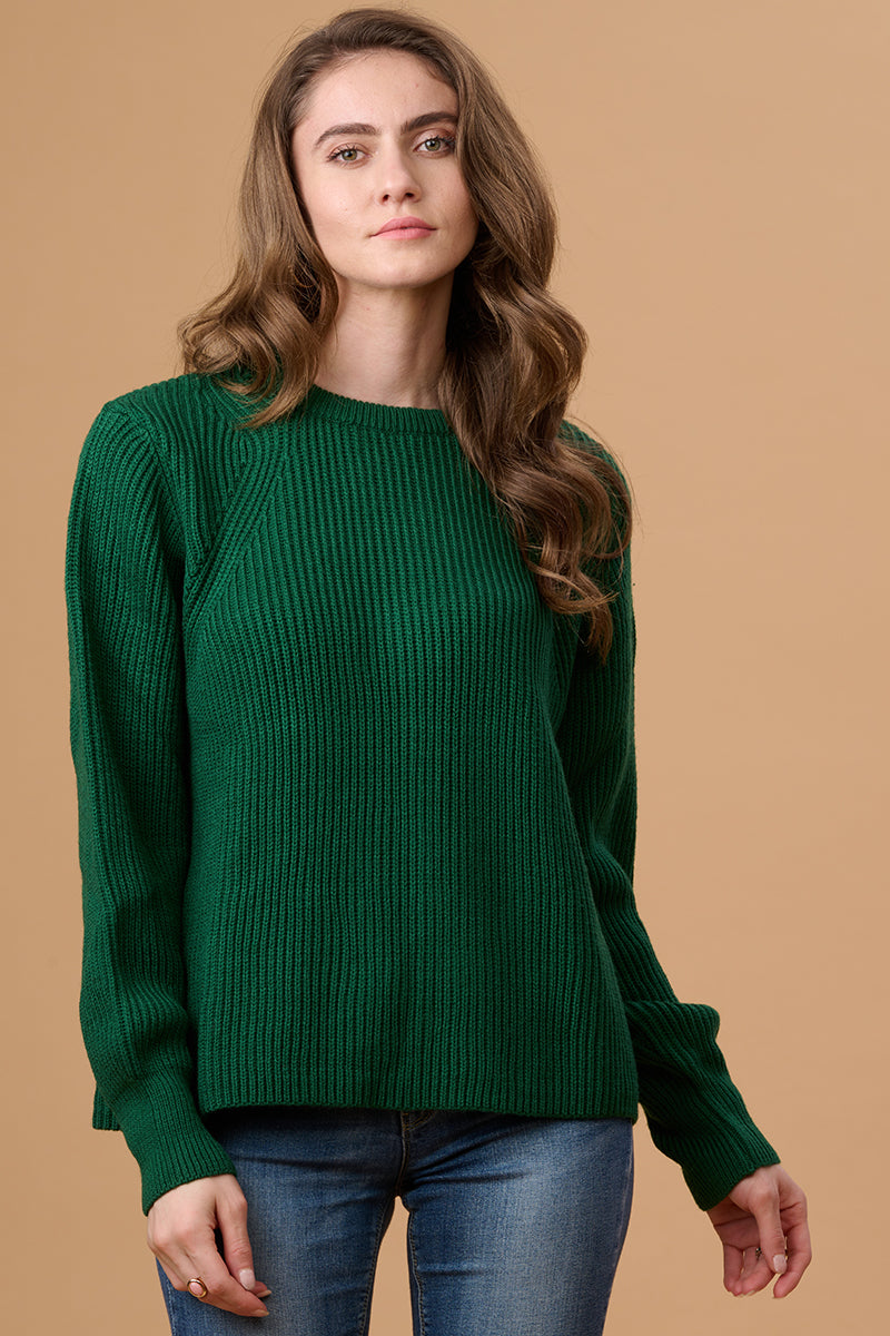 Gipsy Women Round Neck Regular  Full Sleeves Acrylic Fabric Bottle Green Sweaters