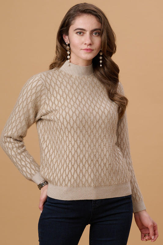 Gipsy Women Turtle Neck Regular Full Sleeves Acrylic Fabric Beige Sweaters