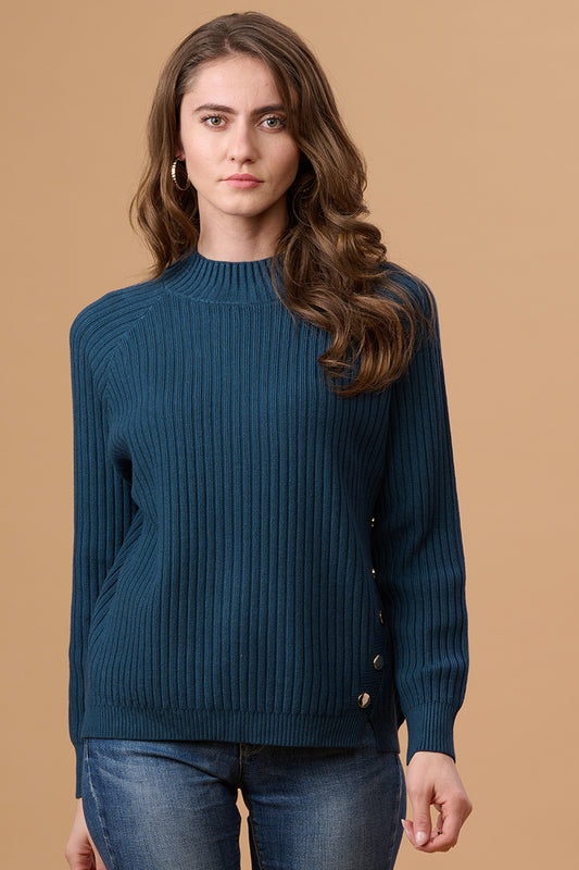Gipsy Women Turtle Neck Regular Full Sleeves Acrylic Fabric Navy Sweaters
