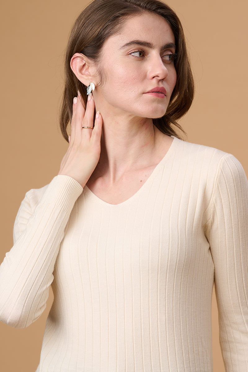 Gipsy Women V-Neck Regular Full Sleeves Acrylic Fabric Cream Sweaters