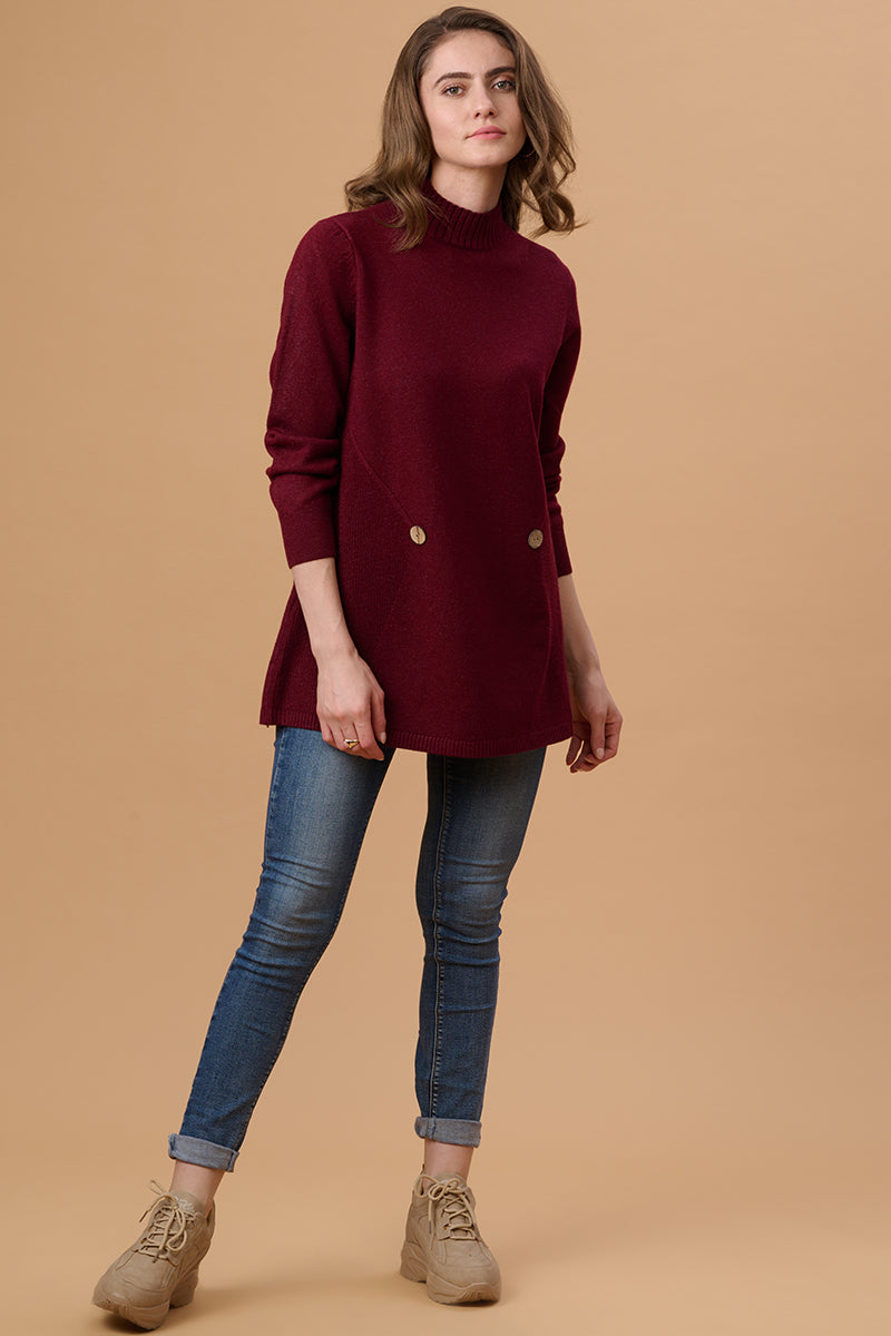 Gipsy Women Turtle Neck Regular Full Sleeves Acrylic Fabric Wine Sweaters
