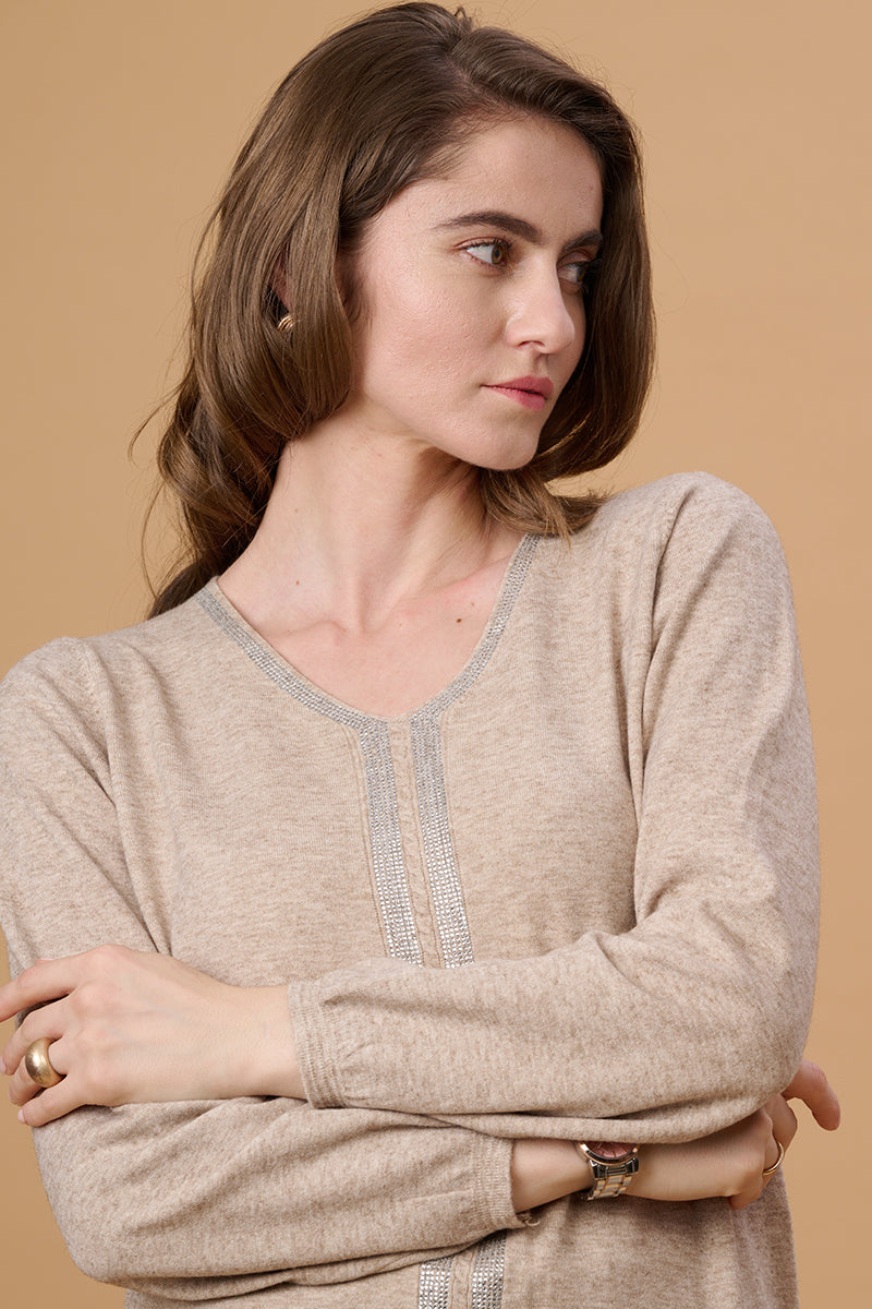 Gipsy Women V-Neck Regular Full Sleeves Acrylic Fabric Khaki Sweaters