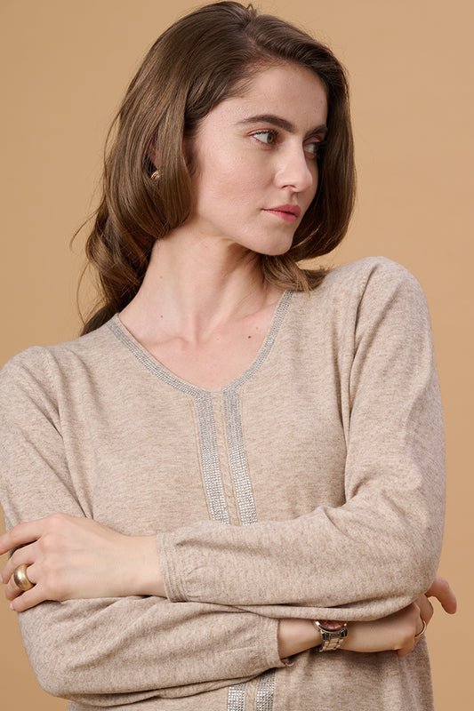 Gipsy Women V-Neck Regular Full Sleeves Acrylic Fabric Khaki Sweaters
