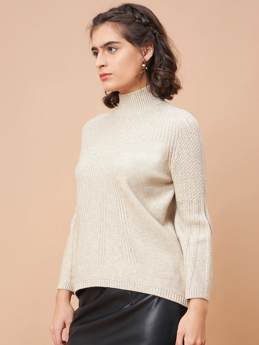 Gipsy Women Crew Neck Straight Full Sleeve Acrylic Fabric Khaki Sweaters
