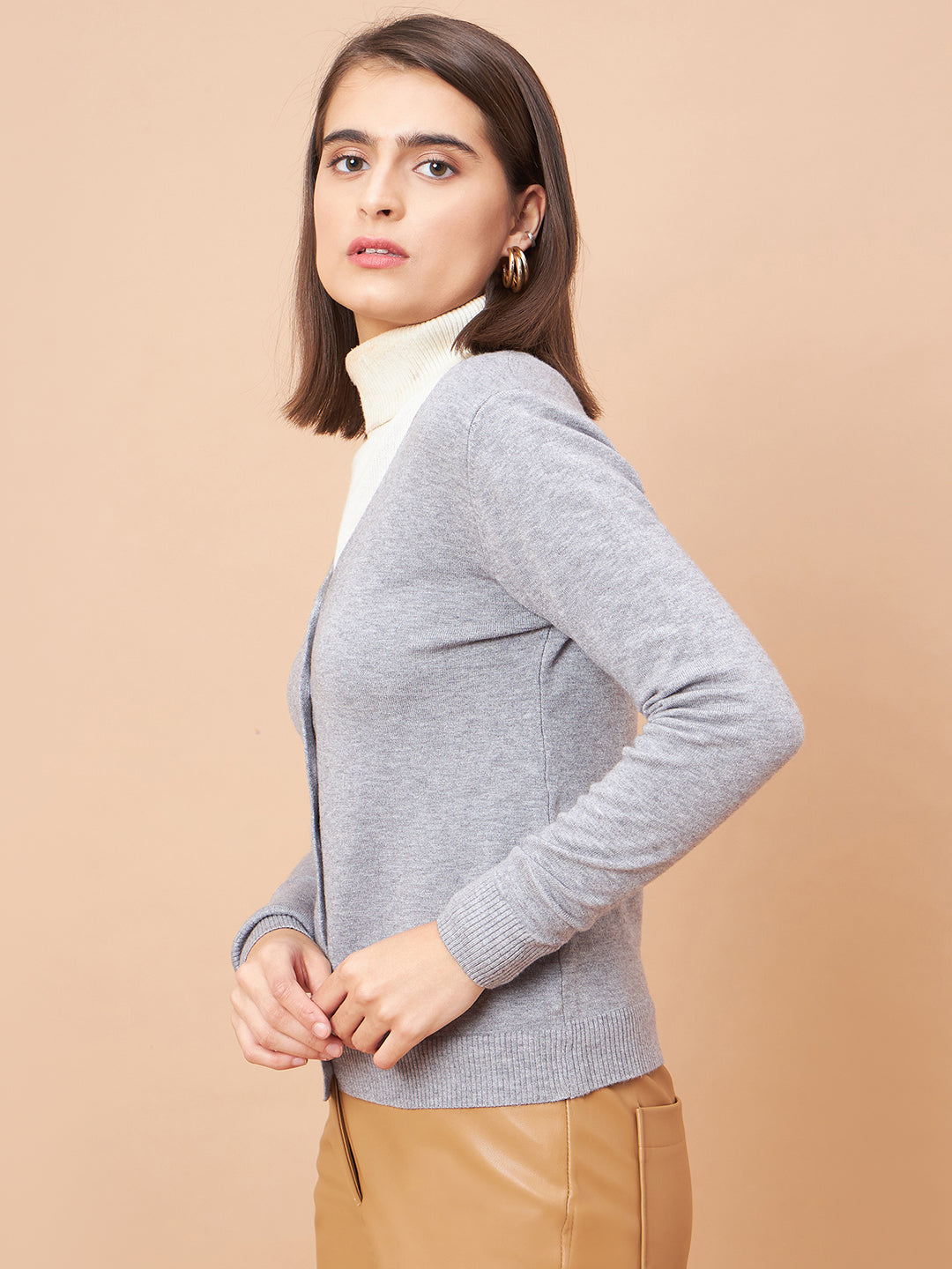 Gipsy Women V-Neck Straight Full Sleeve Acrylic Fabric Grey Sweaters