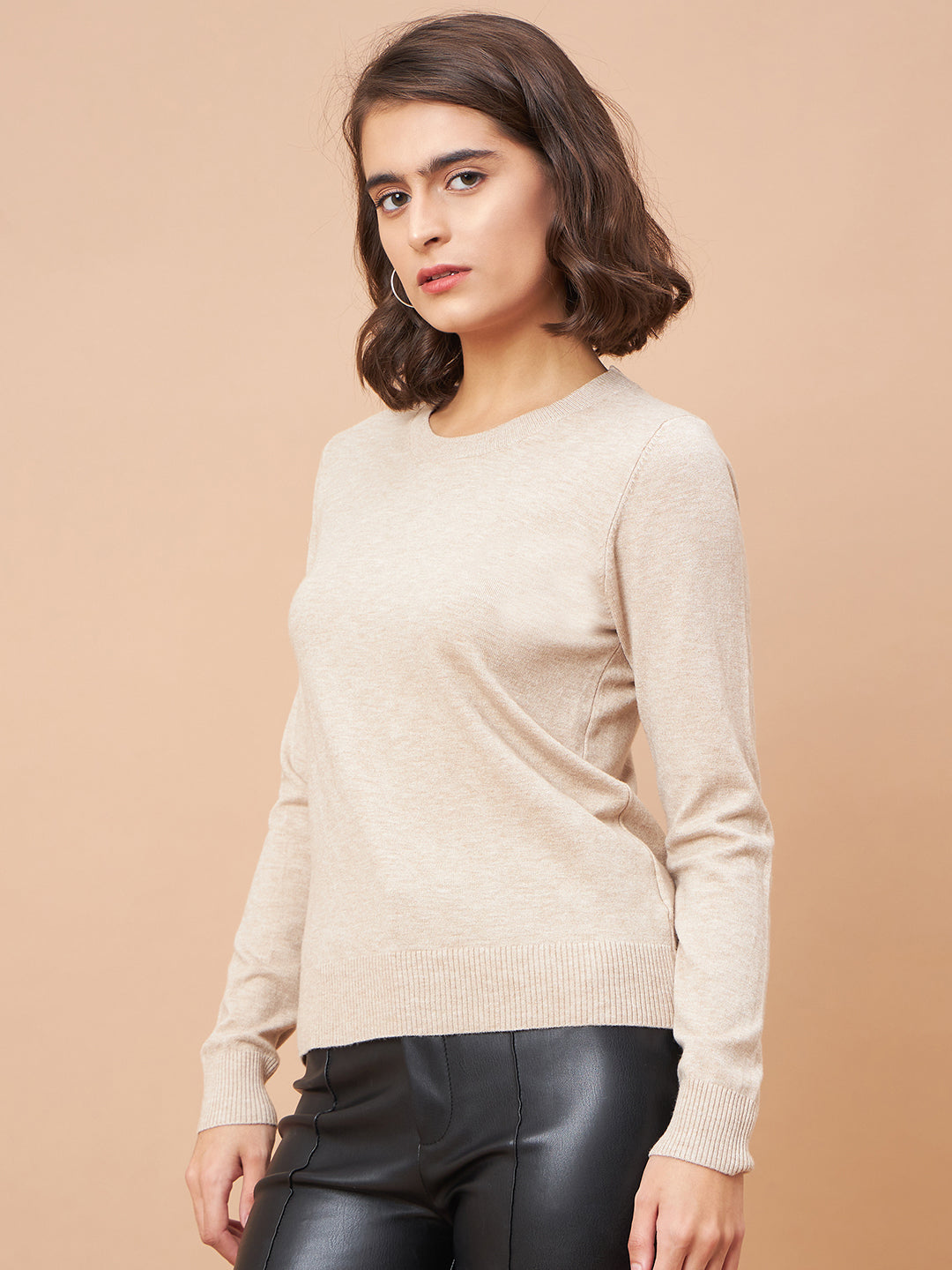 Gipsy Women Round Neck Straight Full Sleeve Acrylic Fabric Beige Sweaters