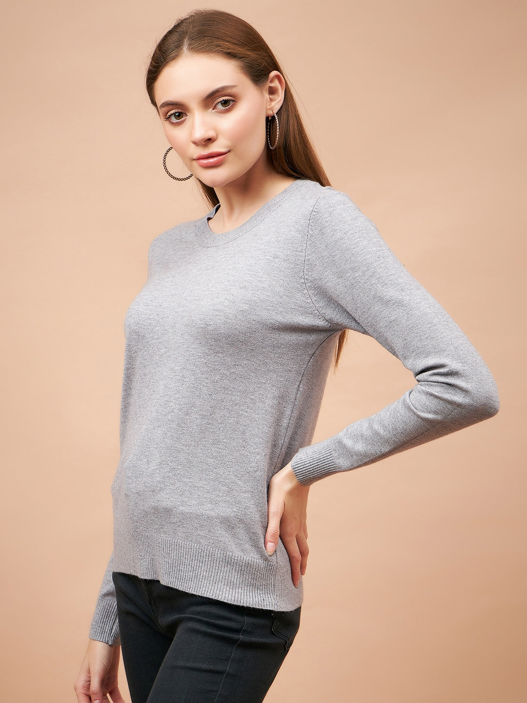 Gipsy Women Round Neck Straight Full Sleeve Acrylic Fabric Grey Sweaters