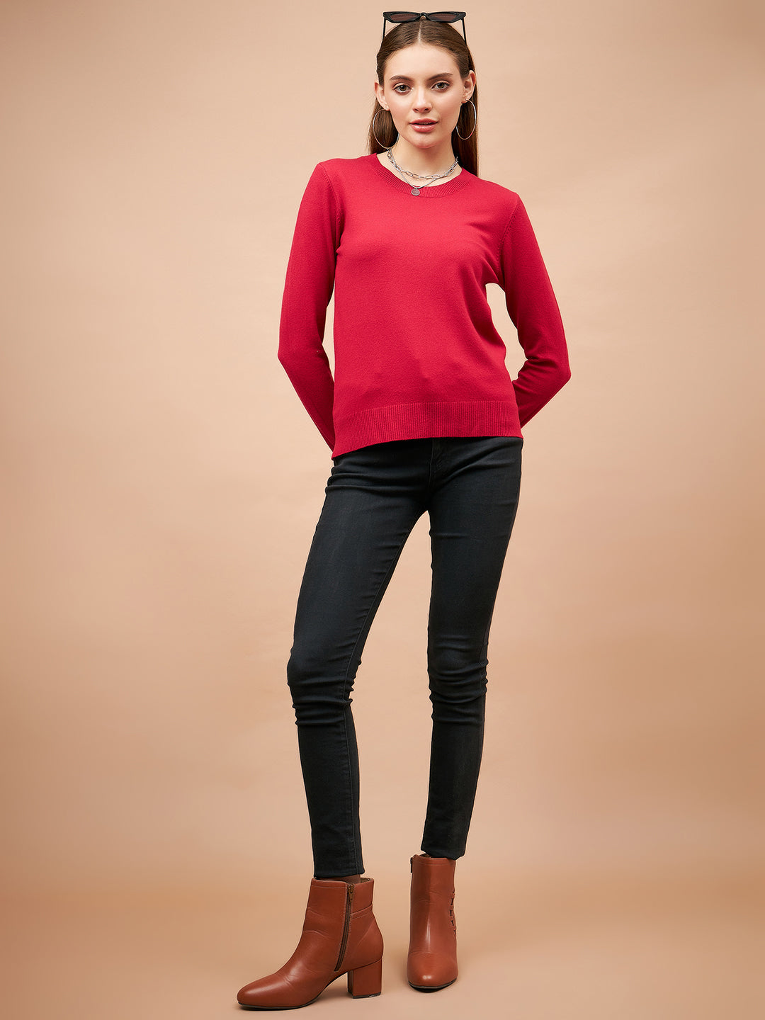 Gipsy Women Round Neck Straight Full Sleeve Acrylic Fabric Red Sweaters