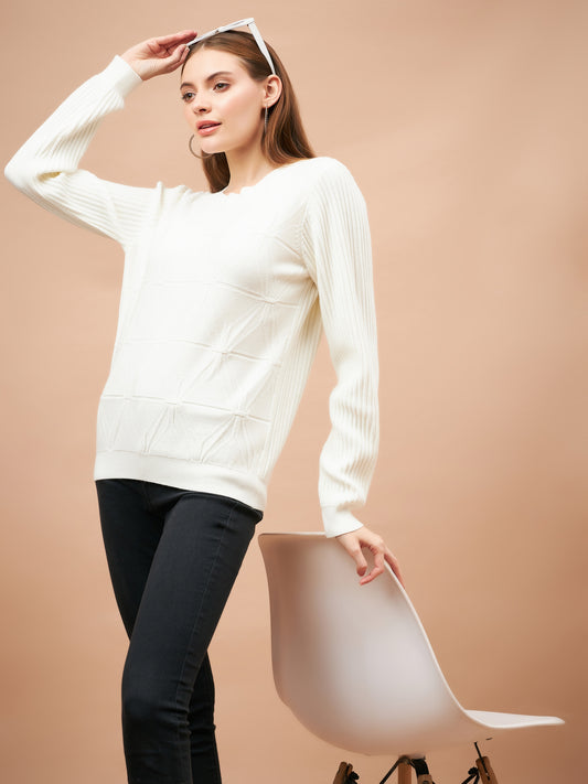 Gipsy Women Round Neck Straight Full Sleeve Acrylic Fabric Cream Sweaters