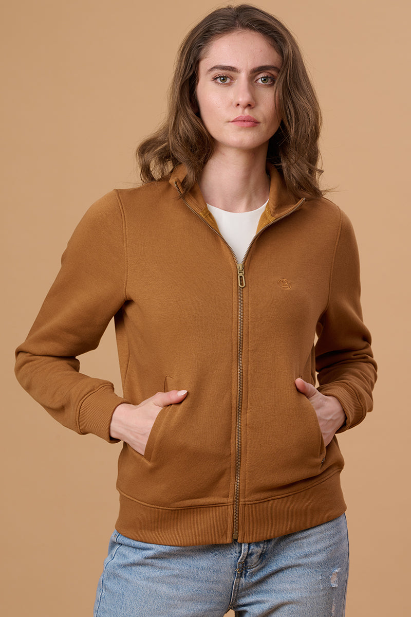 Gipsy Women Mock Collor Regular  Full Sleeves Cotton/Poly Fabric Butterscotch Sweatshirt