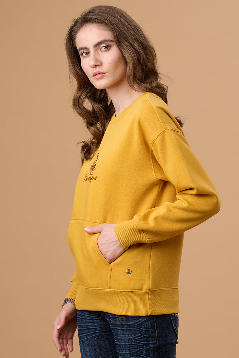 Gipsy Women Round Neck Regular  Full Sleeves Cotton/Poly Fabric Mustard Sweatshirt
