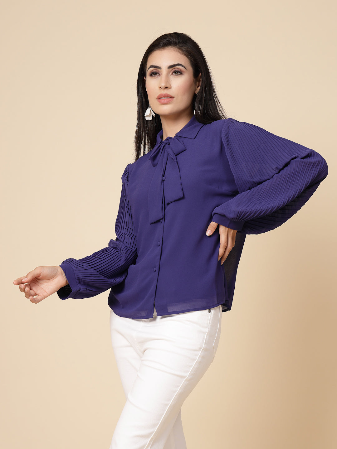 Gipsy Women Cobalt Blue Solid Georgette Bishop Full Sleeve Collared Tie Neck Tunic