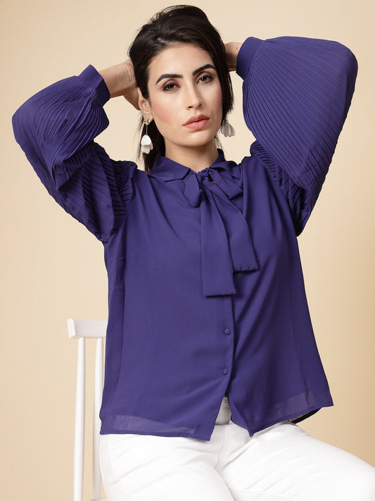 Gipsy Women Cobalt Blue Solid Georgette Bishop Full Sleeve Collared Tie Neck Tunic