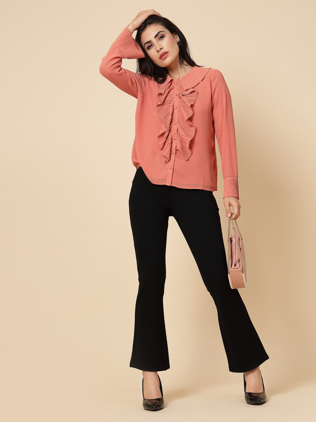 Gipsy Women Peach Solid Georgette Frill Full Sleeve Collared Frill Neck Tunic