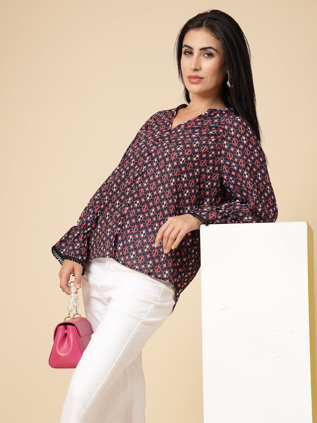 Gipsy Women Navy Printed Georgette Frill Full Sleeve Chinese collar Tunic
