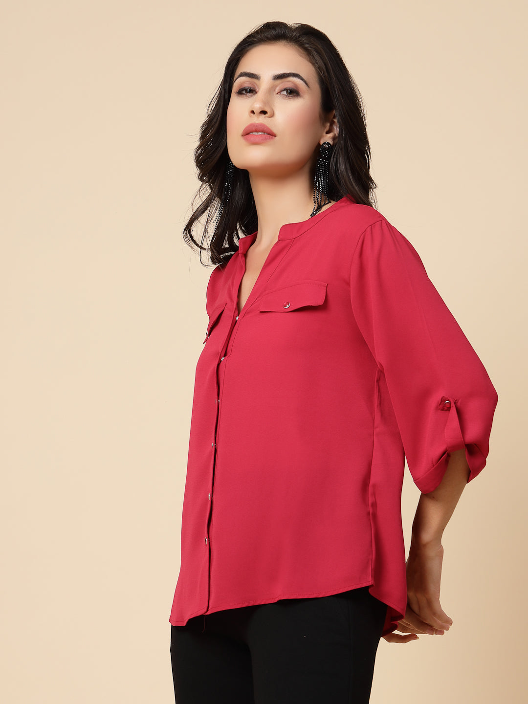 Gipsy Women Rasberry Solid Georgette 3/4 Sleeve Chinese collar Tunic