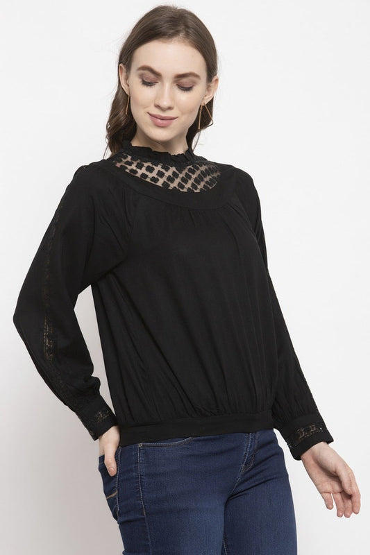 Gipsy Black Solid Rayon Net Top