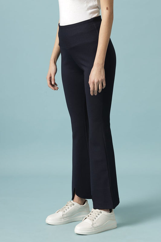 Navy Blue Solid Synthatic Bootcut Jegging