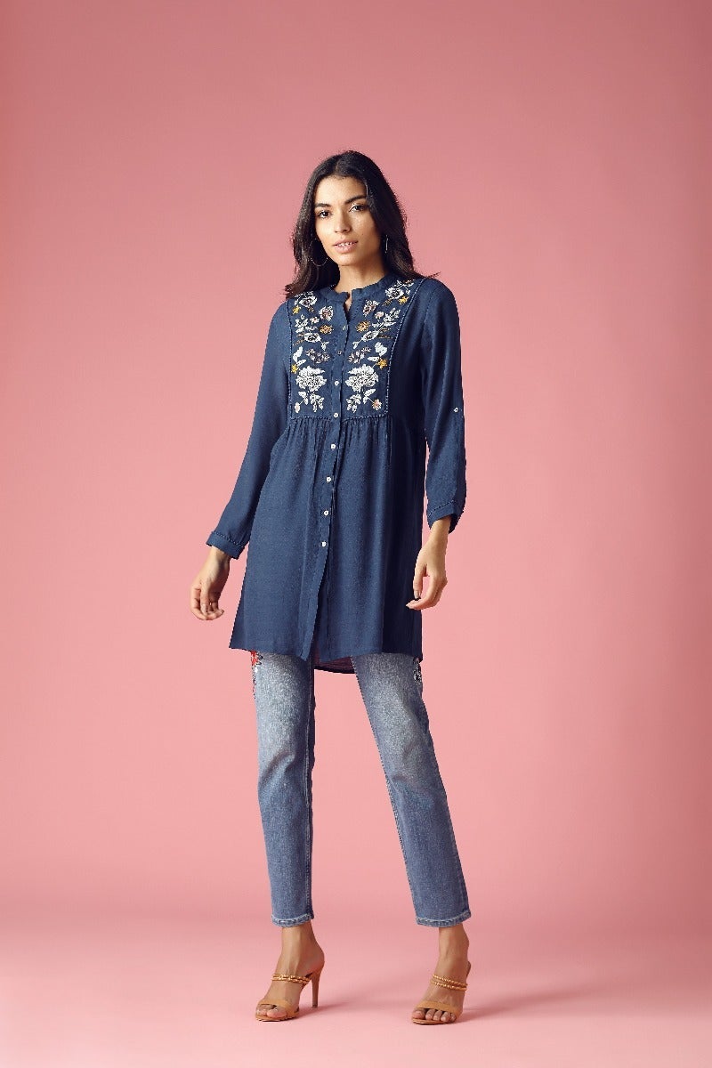 GIPSY Womens Mandarin Collar Embellished Tunic