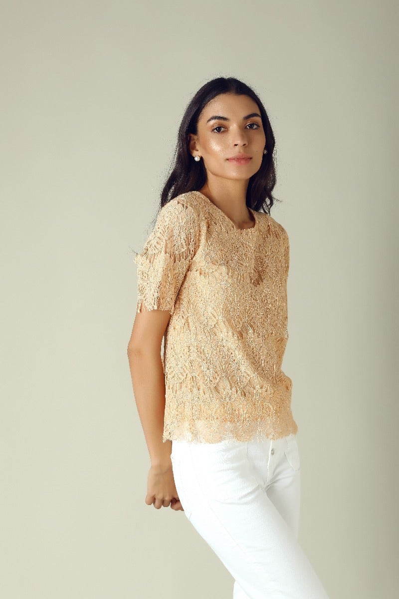 GIPSY Womens Round Neck Lace Top