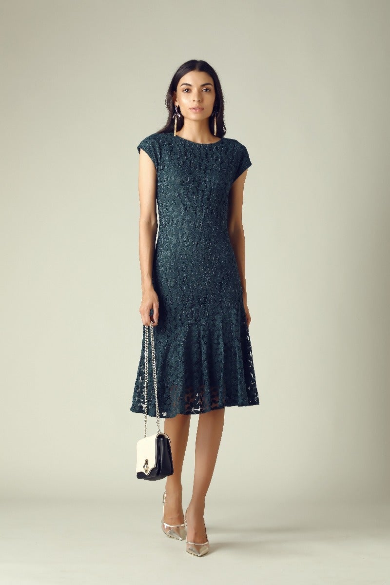 GIPSY Womens Round Neck Lace Flared Dress
