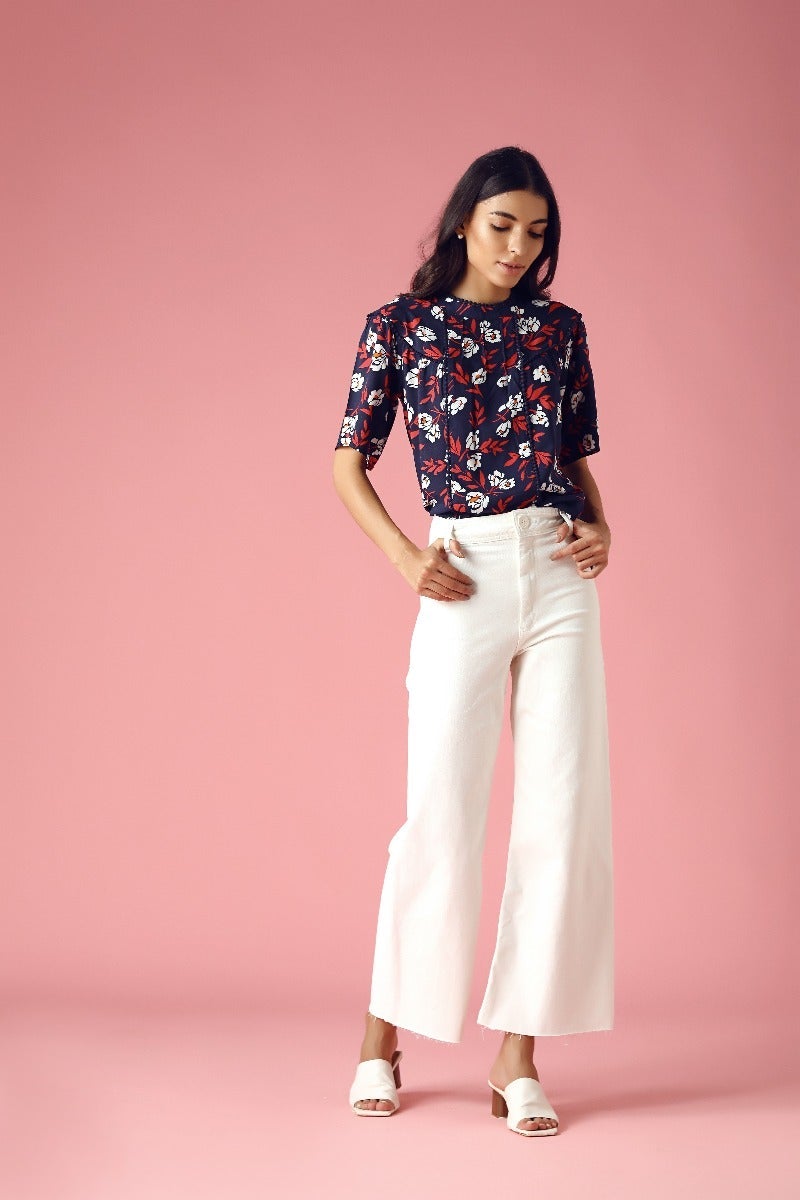 GIPSY Womens Crew Neck Lace Trimming Floral Printed Top