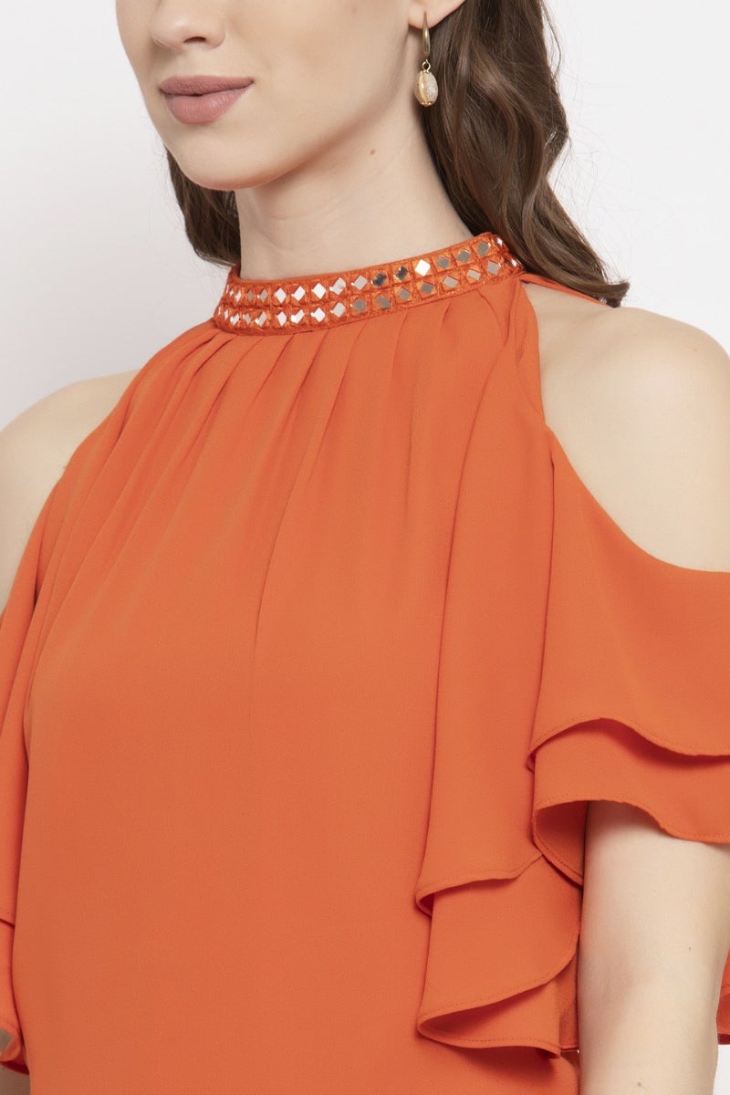 Gipsy Orange Embellished Solid Georgette Dress