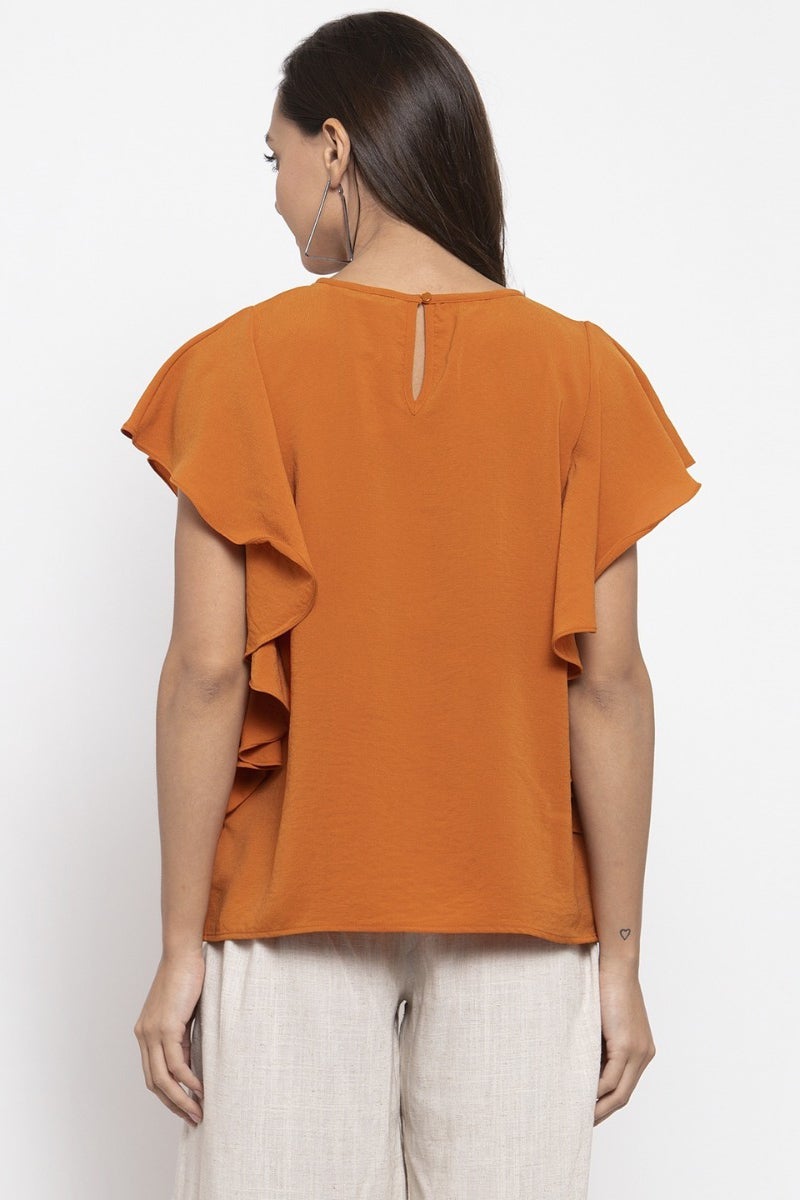 Gipsy Women Orange Round Neck Ruffle Sleeves Top