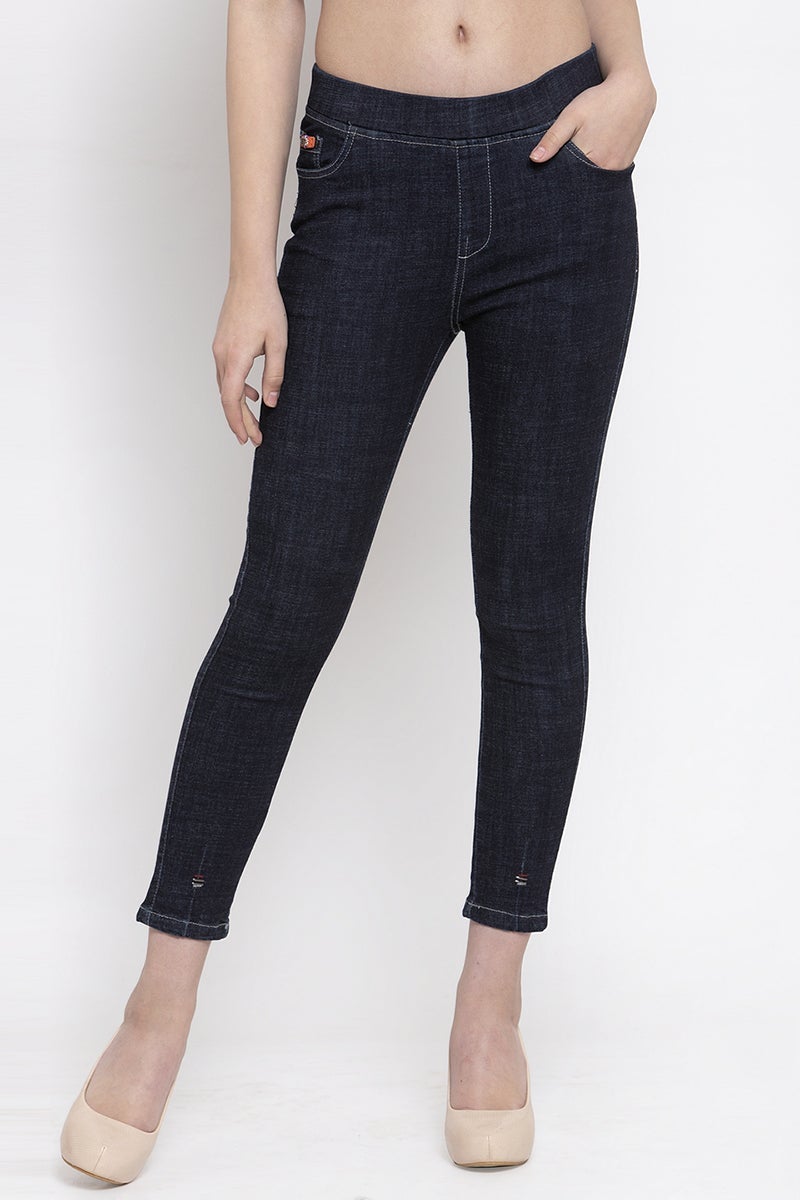 Navy Blue Solid Cotton Jegging