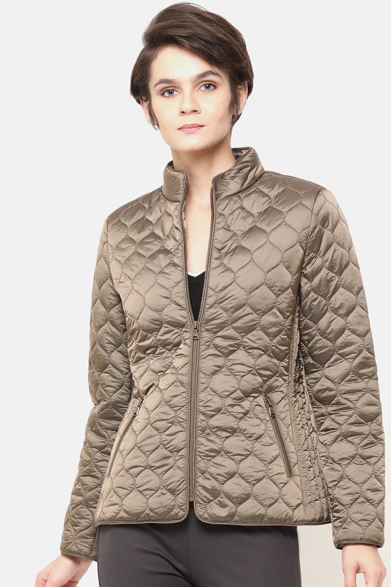 Coffee Regular Length Solid Polyester Jacket