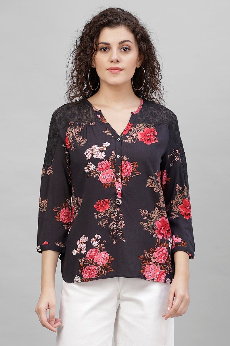 Gipsy Black Floral Print Polyester Tunic