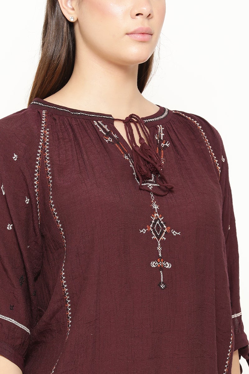 Wine Medium Length Tie-Up Linen Tunic