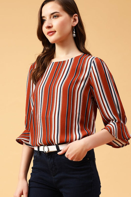 Gipsy Orange Vertical Stripes Crepe Top