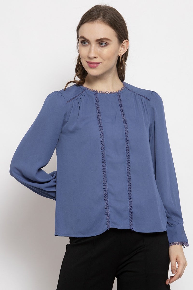 Gipsy Steel Blue Solid Crepe Top