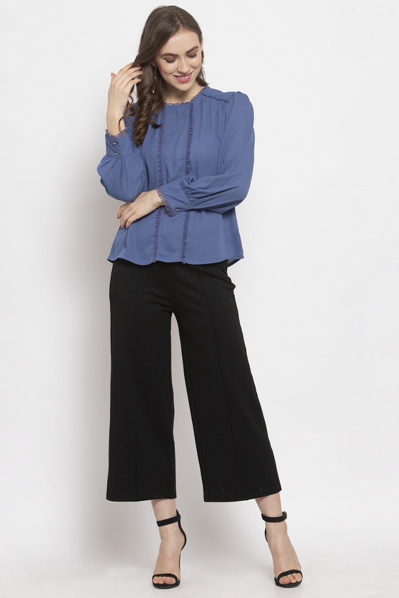 Gipsy Steel Blue Solid Crepe Top
