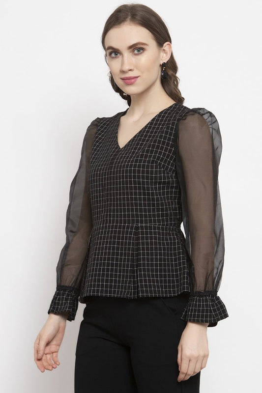 Gipsy Black Checked Cotton Net Top