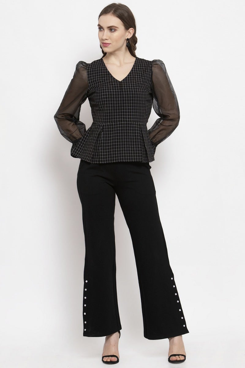 Gipsy Black Checked Cotton Net Top