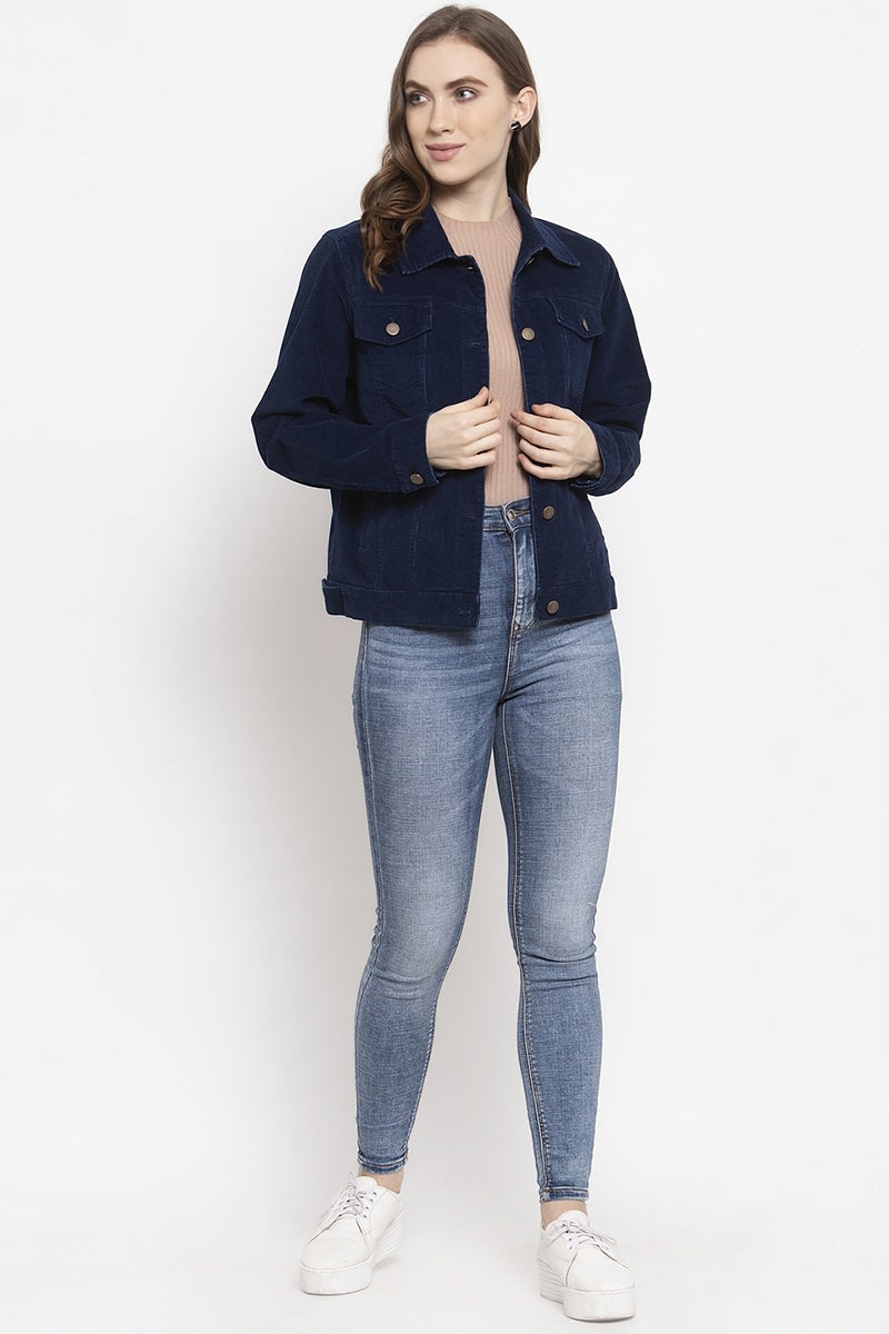Gipsy Indigo Blue Solid Velvet Polyester Jacket