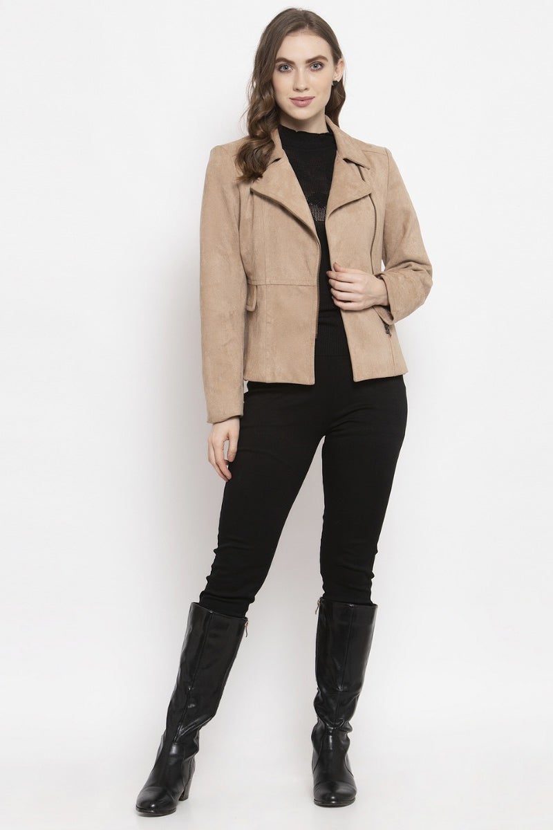 Gipsy Beige Solid Polyester Jacket