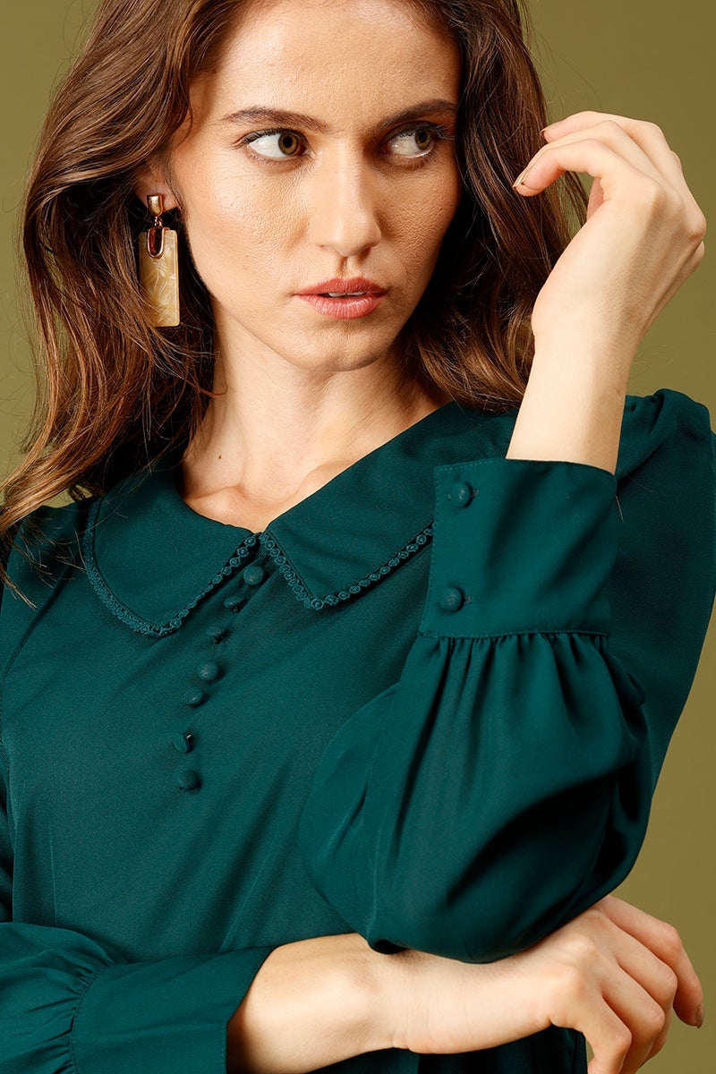 Bottle Green Medium Length Peter Pan Collar Polyester Top