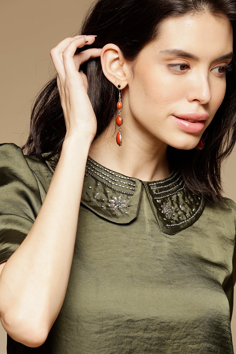 Olive Medium Length Peter Pan Neck Short Sleeves Satin Top
