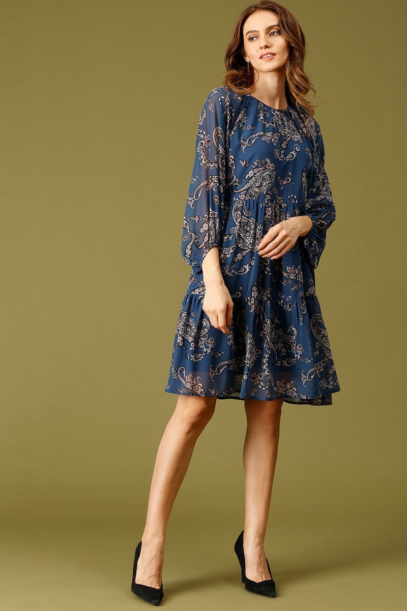 Blue Knee Length Round Neck 3/4th Sleeves Printed Polyester Dress